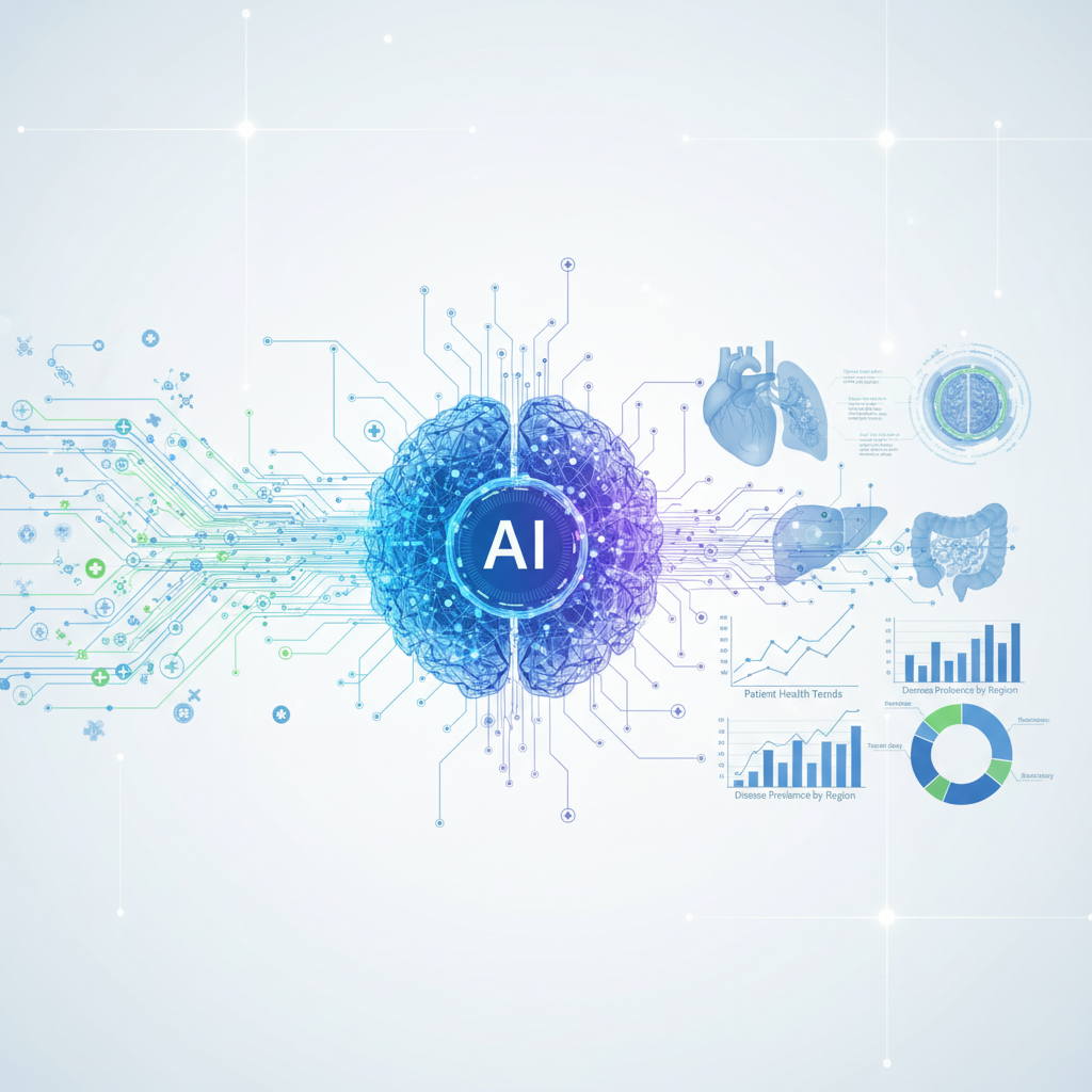 An infographic showing complex medical data being processed by an AI system. Visual elements include neural networks, data flow, human organ outlines, and various charts. The style is clean and informative. No text.