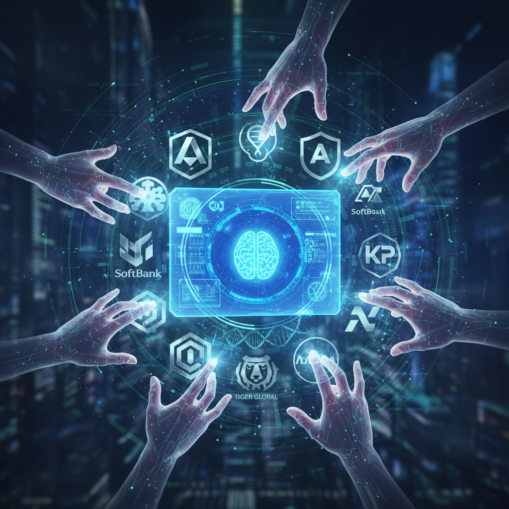 An illustration depicting various global venture capital logos surrounding a central image of a medical AI interface. Show hands reaching towards the AI, symbolizing investment and collaboration. The overall atmosphere should be innovative and future-oriented. No text.