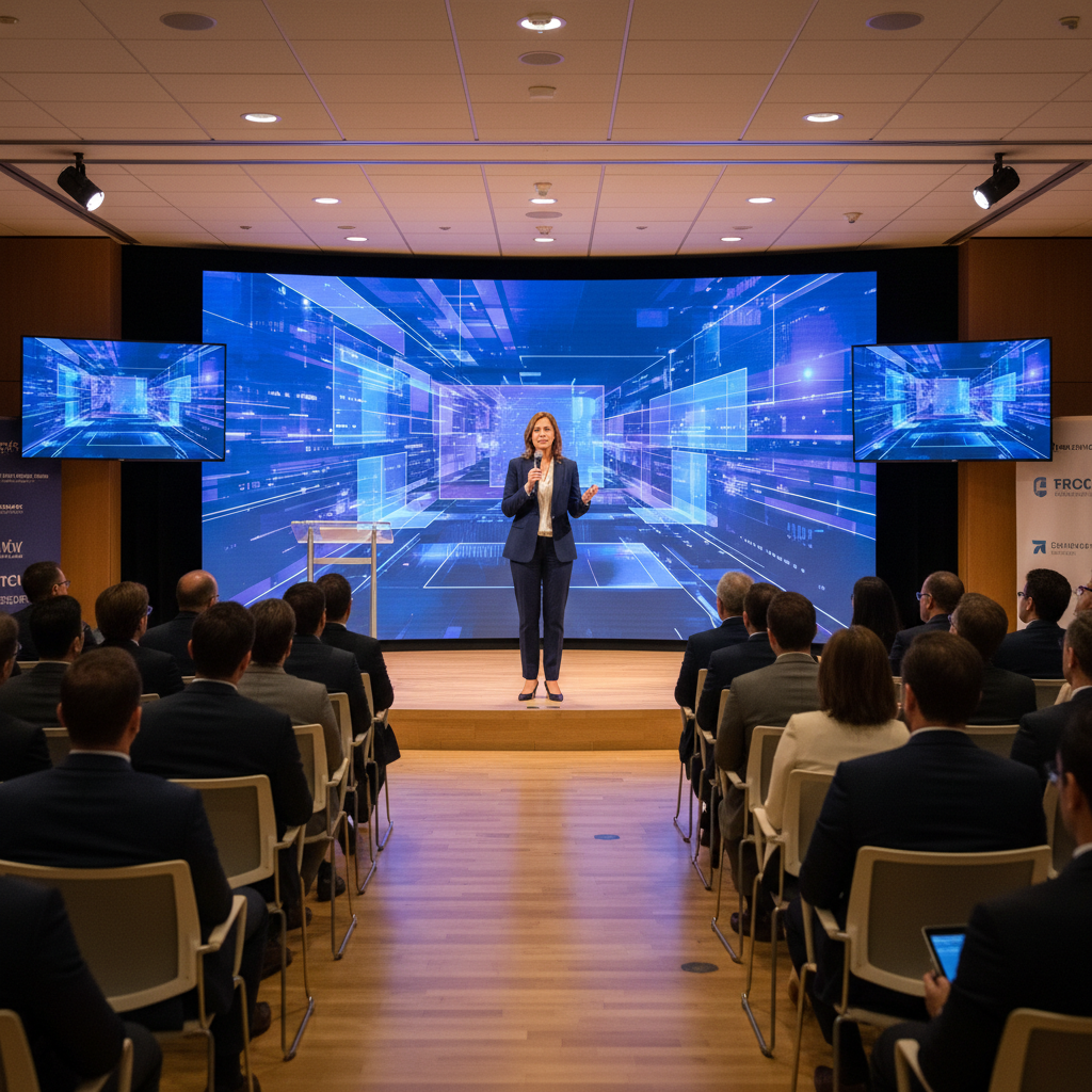 A professional conference scene showing a CEO speaking at a tech town hall meeting, with audience members listening attentively, modern presentation setup with screens, warm lighting, corporate atmosphere, no text
