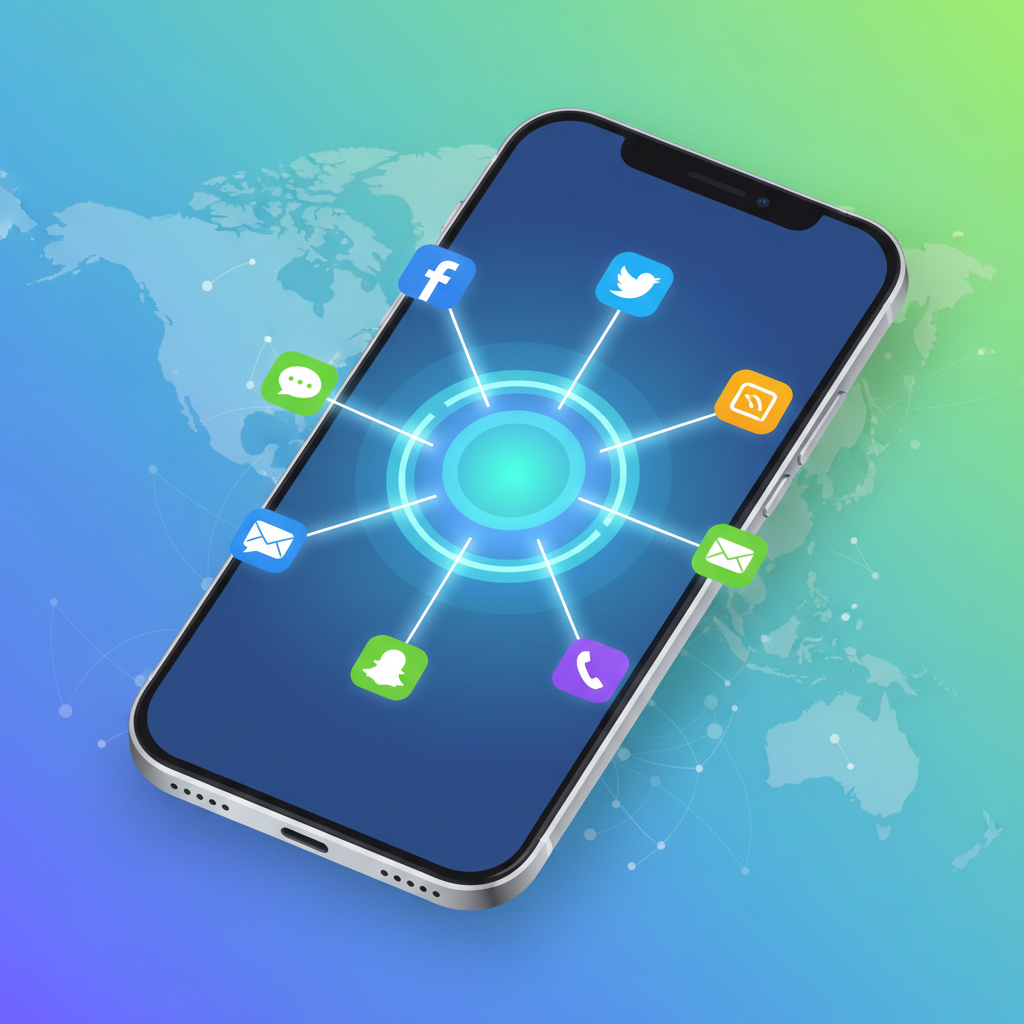 Modern smartphone displaying multiple messaging app icons connecting through unified interface, clean tech illustration with colorful app icons, digital communication concept, bright modern style, no text