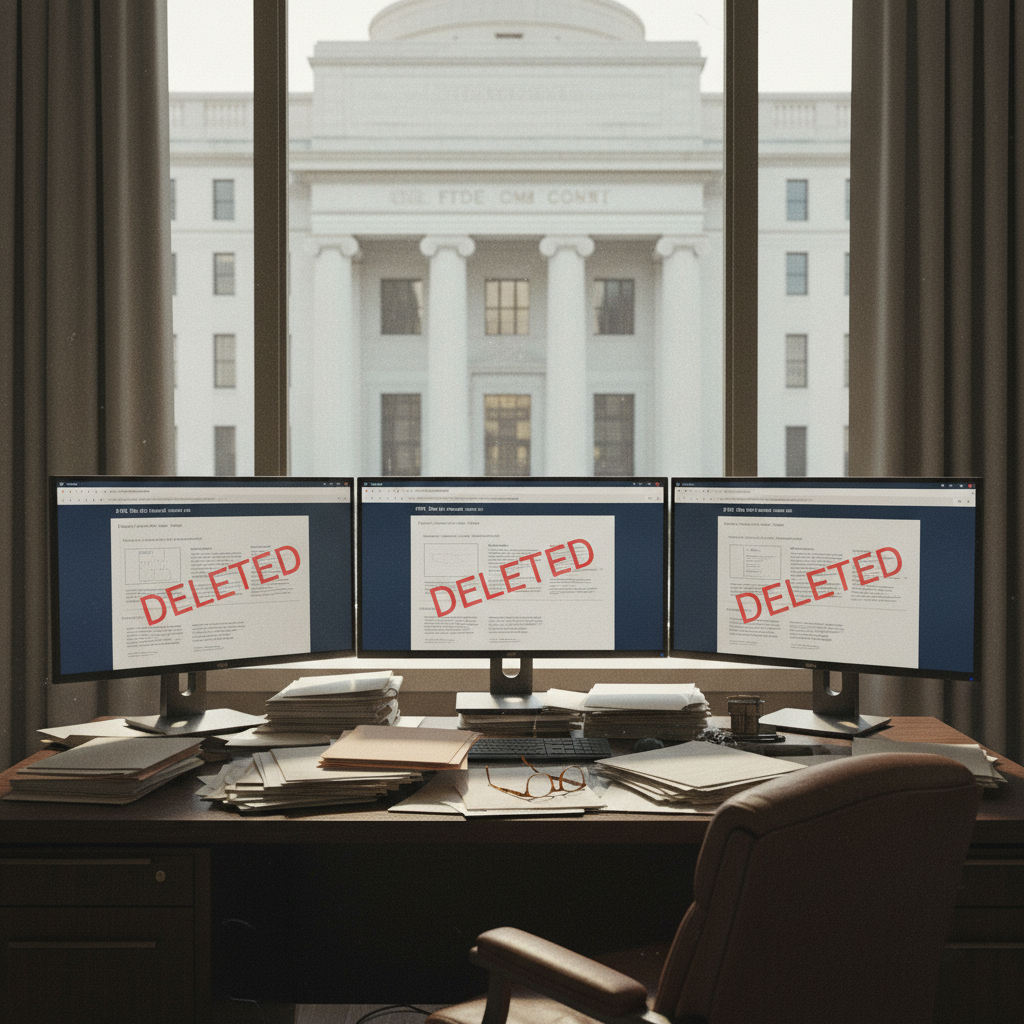 A professional government office setting with computer screens showing deleted blog posts, documents scattered on desk, official FTC building in background, realistic photography style with natural lighting, no text