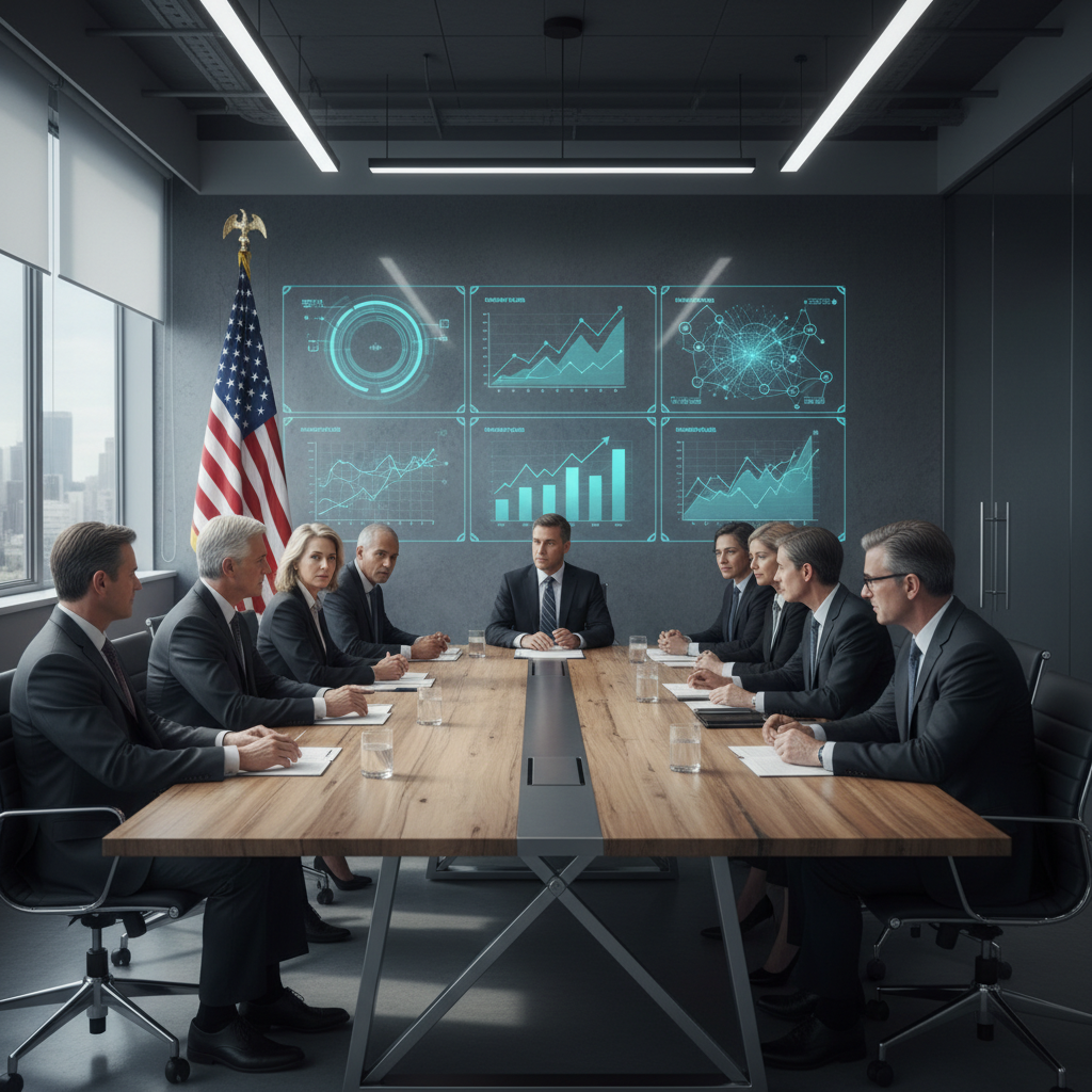 Modern office meeting room with government officials discussing AI policy, charts and graphs on wall showing technology growth, American flag visible, professional business atmosphere, no text