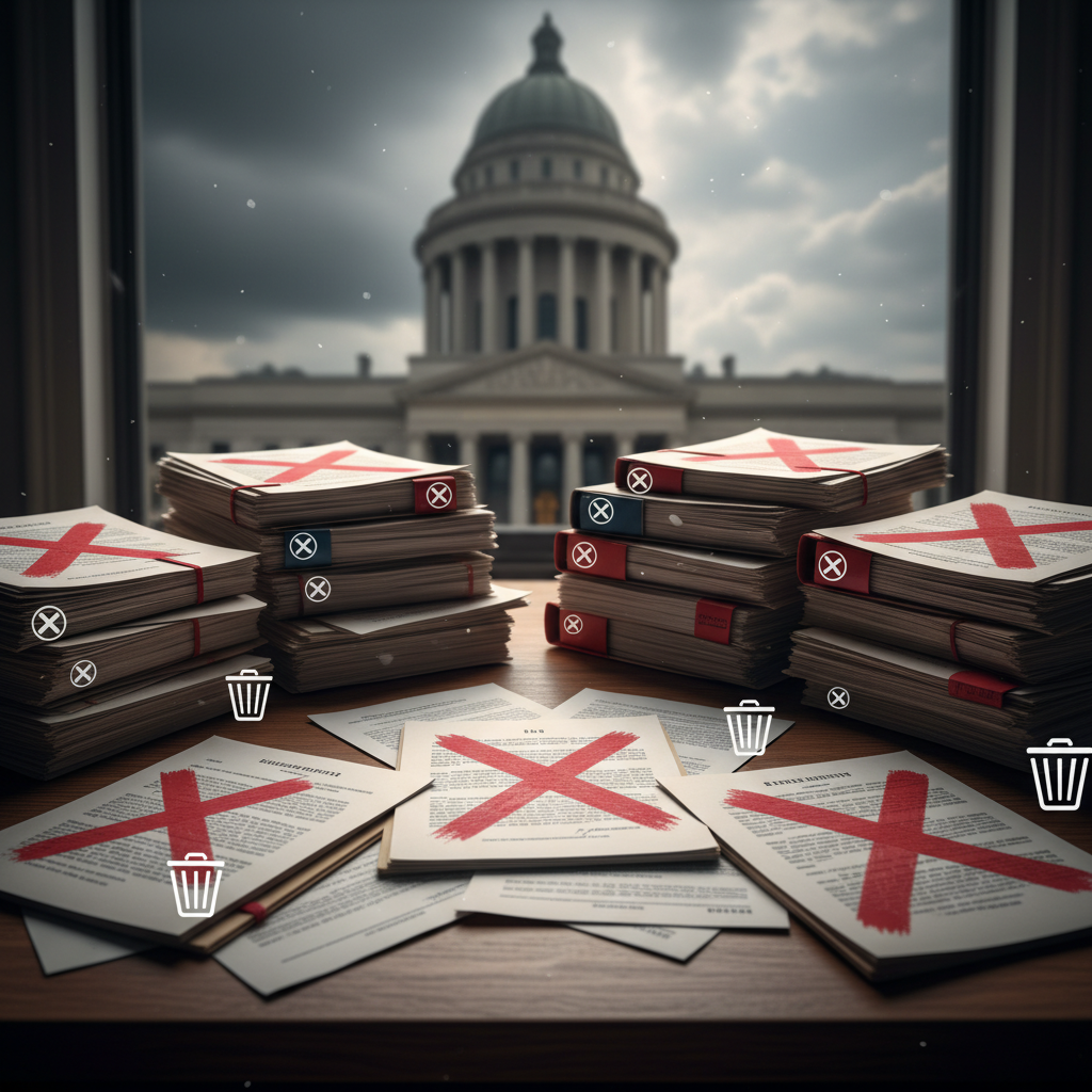 Legal documents and government files on desk with deletion symbols, courthouse or government building in background, serious professional atmosphere with dramatic lighting, no text