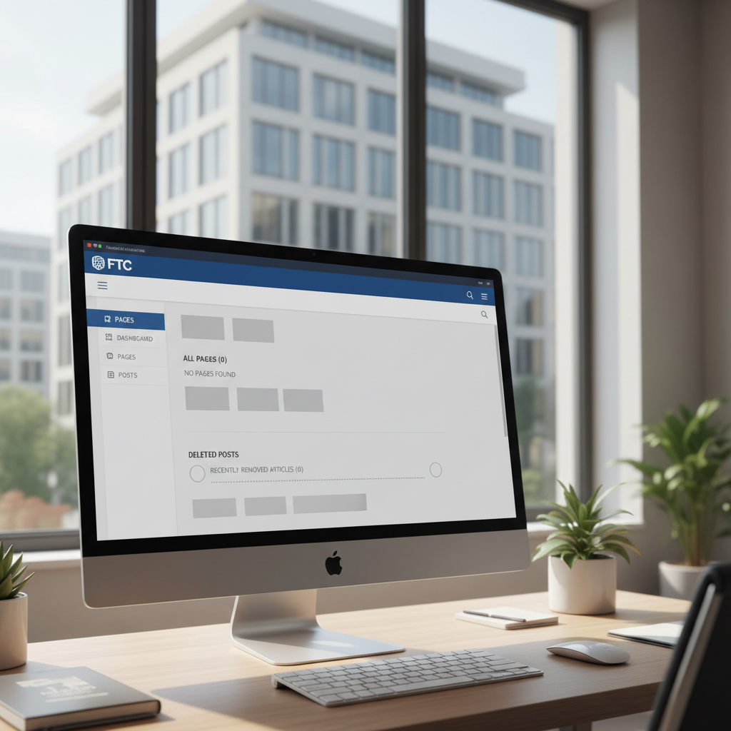 Computer screen showing empty blog pages and deleted posts, FTC official website interface, modern office setting with government building view, professional lighting, no text