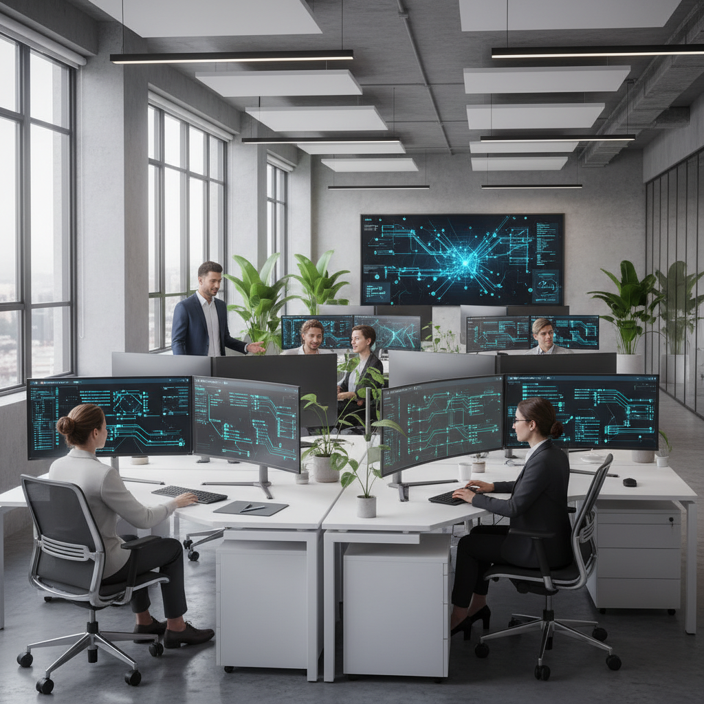 Modern tech office environment showing enterprise AI development, with multiple screens displaying custom AI model creation interface, professional atmosphere with clean design, natural lighting, no text