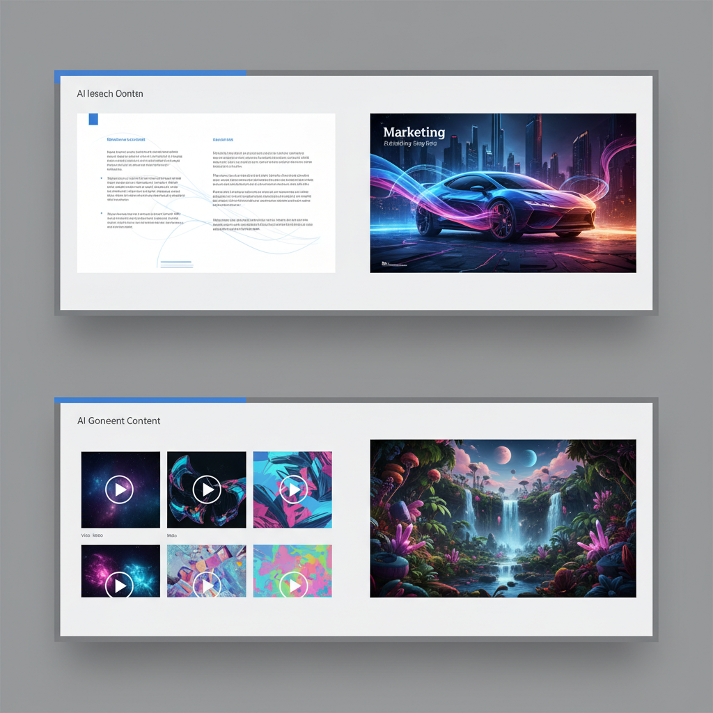 Split screen showing various AI-generated content types including text documents, marketing images, video thumbnails, and 3D scenes, professional presentation style, bright studio lighting, no text