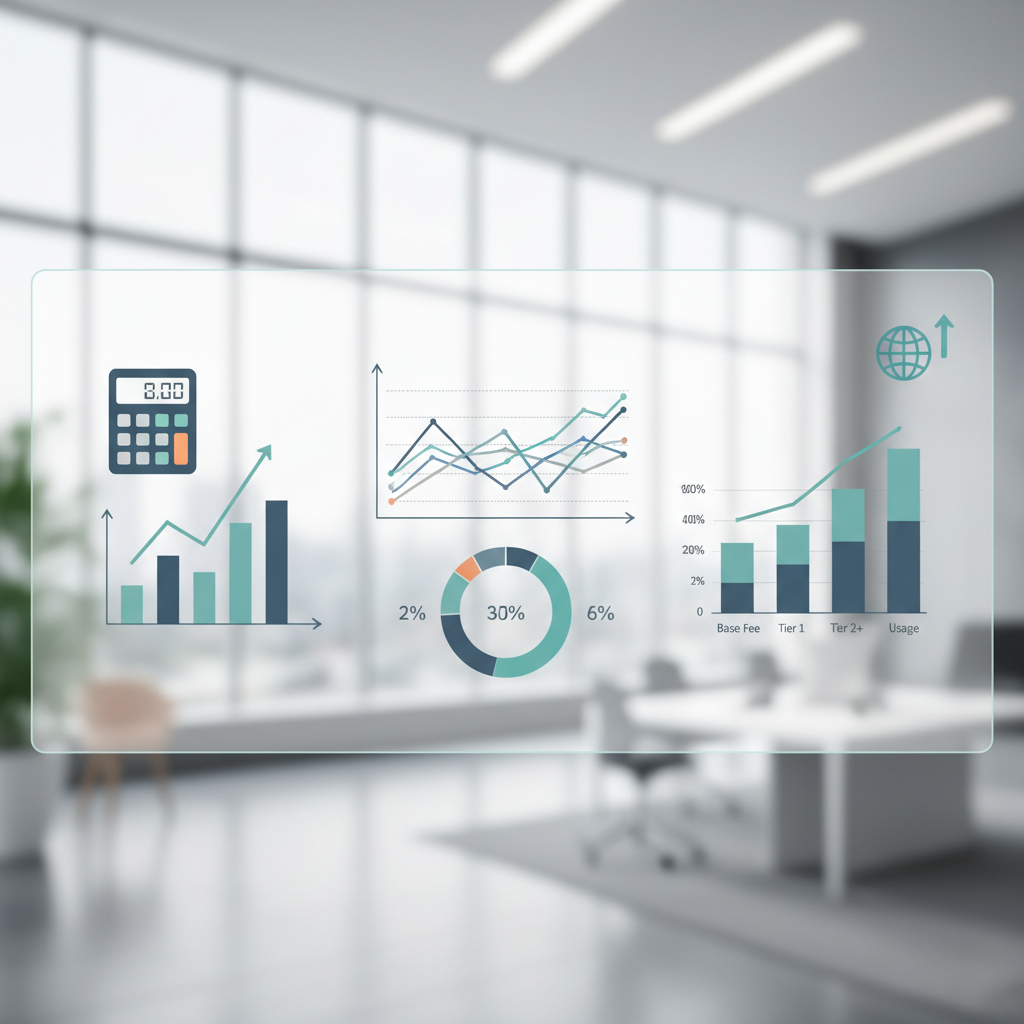 Clean business infographic showing flexible pricing structure with usage-based billing charts, modern corporate style, professional lighting, calculator and charts visible, no text