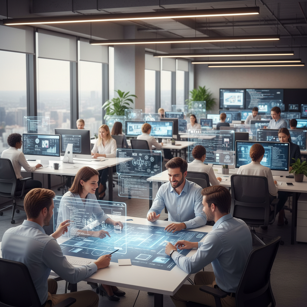 Corporate success visualization showing enterprise teams using AI tools for creative work, modern office setting with multiple workstations, collaborative atmosphere, professional lighting, no text