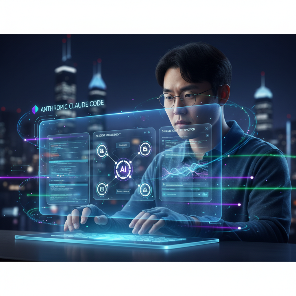A clean, futuristic infographic illustrating a Korean male developer (30s) seamlessly interacting with a web-based AI coding assistant interface (Anthropic Claude Code). The interface displays clear code windows, intuitive AI agent management panels, and a dynamic chat interaction area. The developer's focus is evident, surrounded by abstract, glowing digital lines that symbolize efficient code flow and AI collaboration. The overall style is clean, modern, and high-tech, with no text on the image.