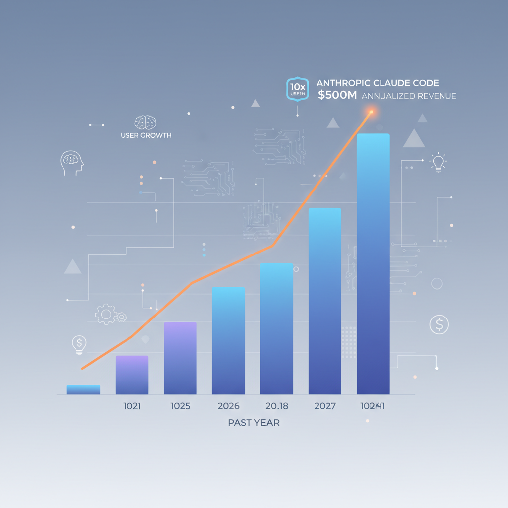 A clean infographic showing an upward trending bar graph and line chart representing the rapid growth of AI coding tool users and revenue over the past year, specifically highlighting Anthropic Claude Code's impressive 10x user growth and $500M annualized revenue. Abstract digital elements, interconnected lines, and subtle tech-related icons symbolize innovation and market expansion. The overall style is clean, modern, and data-driven, with no text on the image.