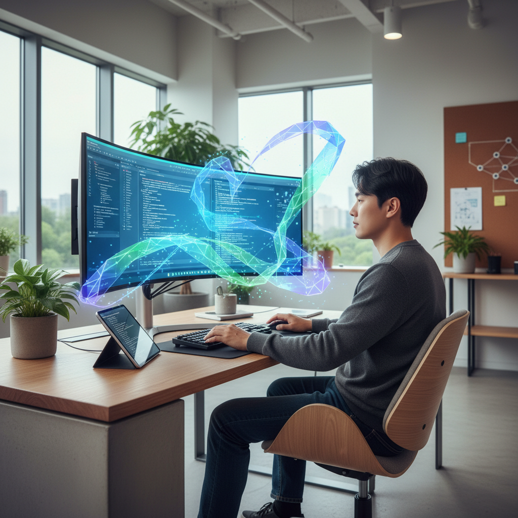 A vibrant lifestyle photography scene depicting a Korean software engineer (30s, male) sitting comfortably at a modern desk, deeply engaged in reviewing complex code on a large, glowing monitor. Several subtle, ethereal digital entities or abstract light forms, representing advanced AI coding agents, are visually integrated into the scene, working seamlessly alongside the engineer. This emphasizes the engineer's evolving role as a manager or director of AI assistants. The setting is a well-lit, minimalist office with natural light, focusing on collaborative technology. No text on the image.