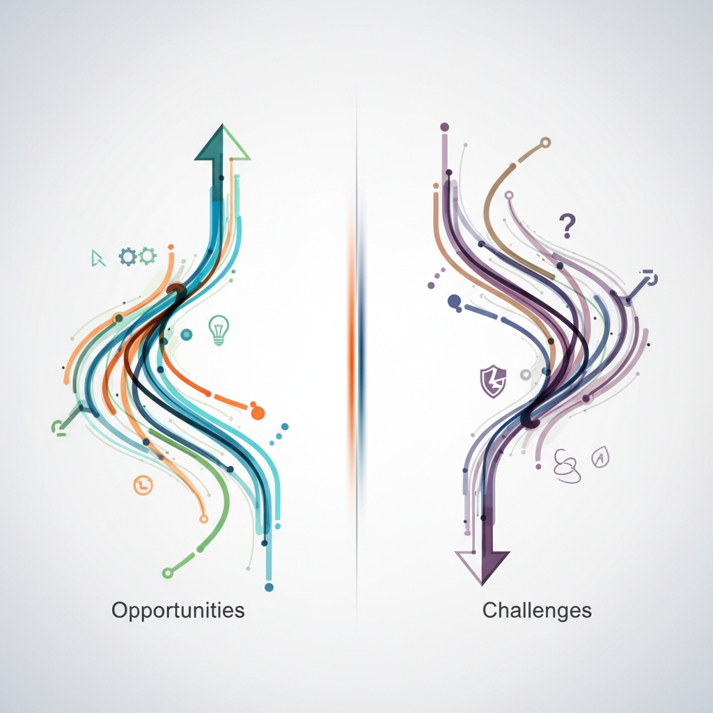 An abstract, clean infographic illustrating the dual nature of AI coding tool adoption. One side shows interconnected, flowing lines and bright, positive colors representing opportunities like increased efficiency and innovation. The other side shows slightly tangled or fragmented lines with muted colors, symbolizing challenges such as debugging time, integration difficulties, and the learning curve. The overall design is modern and balanced, conveying both the potential and obstacles. No text on the image.