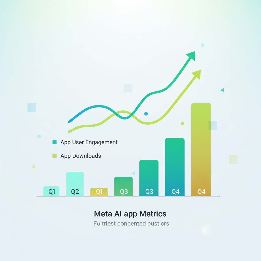 clean infographic showing a steep upward trend for app user engagement and downloads. Emphasize growth with line graphs and bar charts for 'Meta AI app' metrics. Bright, modern design. No text in image.