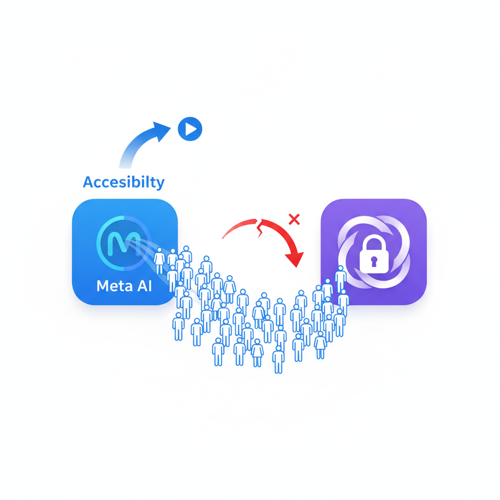 An infographic or illustration showing two different AI video app icons (Meta AI and a generic "Sora-like" app) with arrows indicating user flow. One app has a "limited access" lock symbol, and users are flowing towards the more accessible Meta AI app. Bright, clear, conceptual. No text in image.