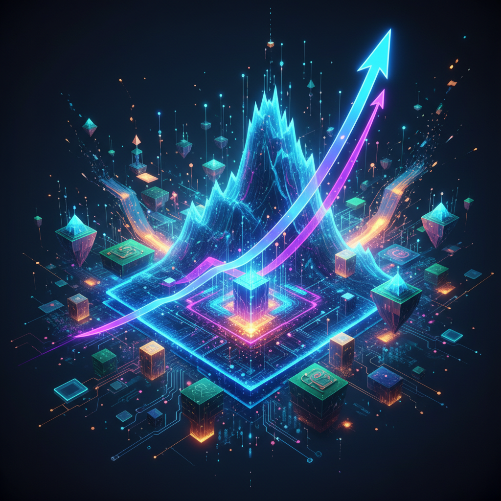 A futuristic, dynamic illustration of data visualization showing strong upward trends for Meta AI, surrounded by a vibrant, optimistic digital landscape representing innovation in AI. Focus on growth and future potential. No text in image.