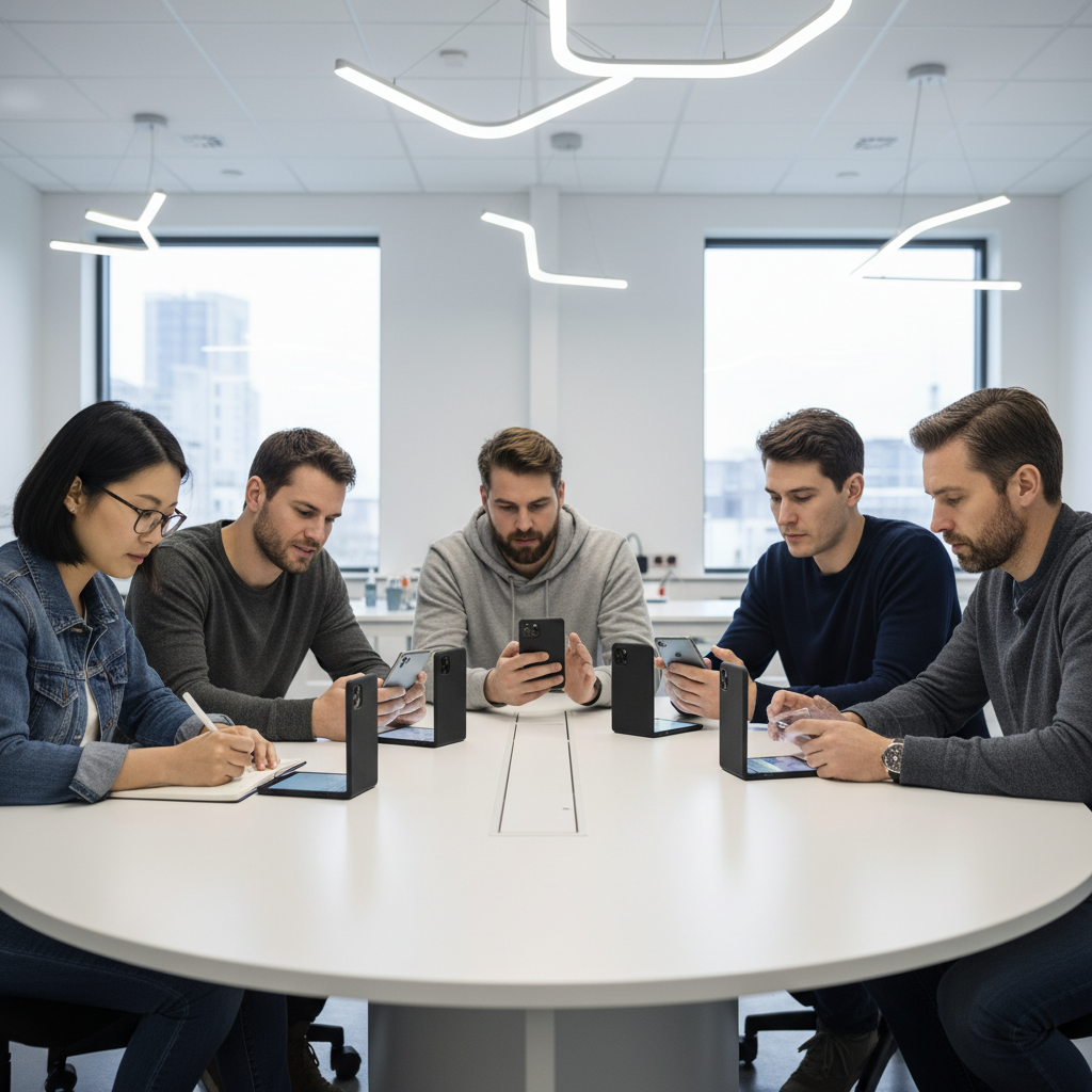 A diverse group of people, dressed casually, are intensely focused on sleek, futuristic smartphones. They are sitting around a table in a modern, brightly lit testing lab setting. The phones are partially obscured by discreet cases. One person is making notes. Style: lifestyle photography, no text.