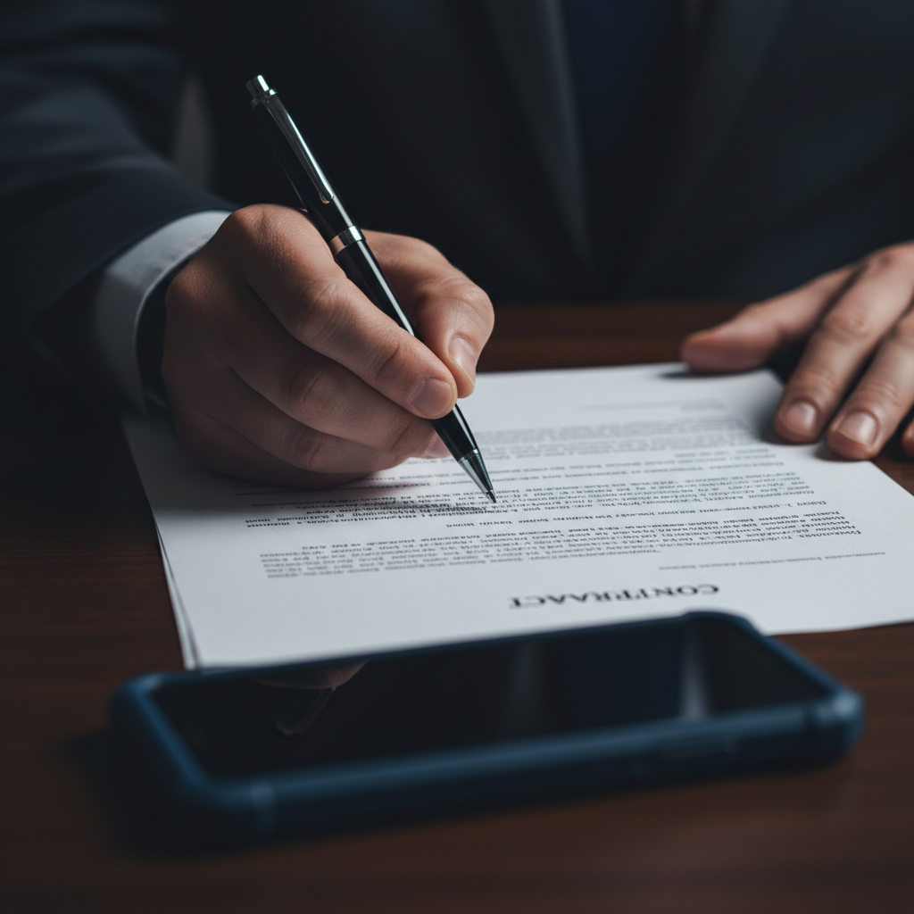 A person's hand signing a legal document with a pen, with a blurred image of a smartphone in a protective case in the background. The atmosphere is serious and confidential. Style: realistic corporate photography, no text.
