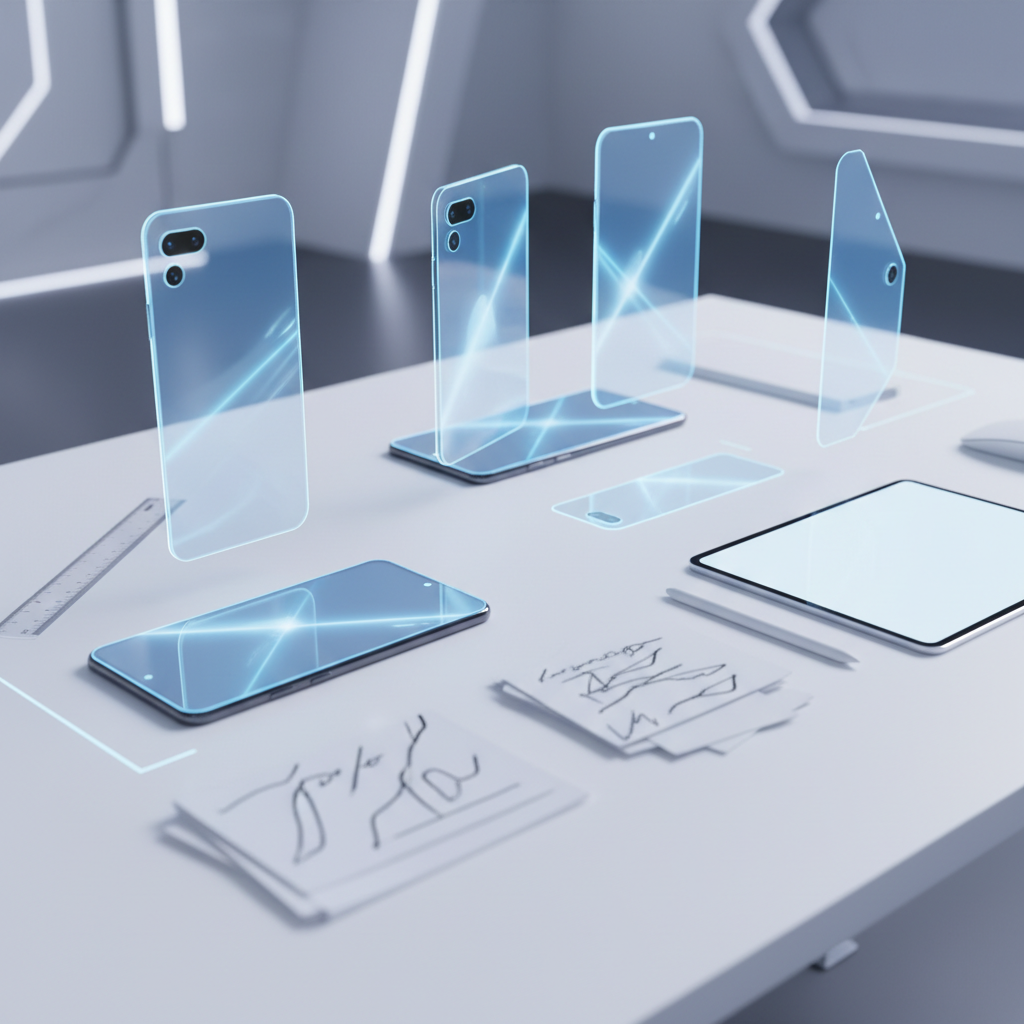A designer's desk with multiple conceptual sketches of future smartphones, sleek and minimalist. There are also notes and design tools. The scene evokes innovation and product development. Style: clean infographic with design elements, no text.