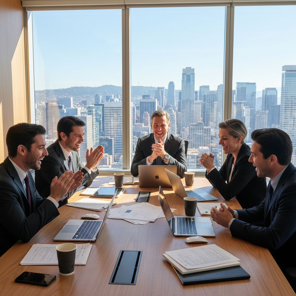 Silicon Valley venture capitalists in a modern office setting, excited expressions while reviewing startup pitches, laptops and documents on table, professional atmosphere with city view, natural lighting, no text