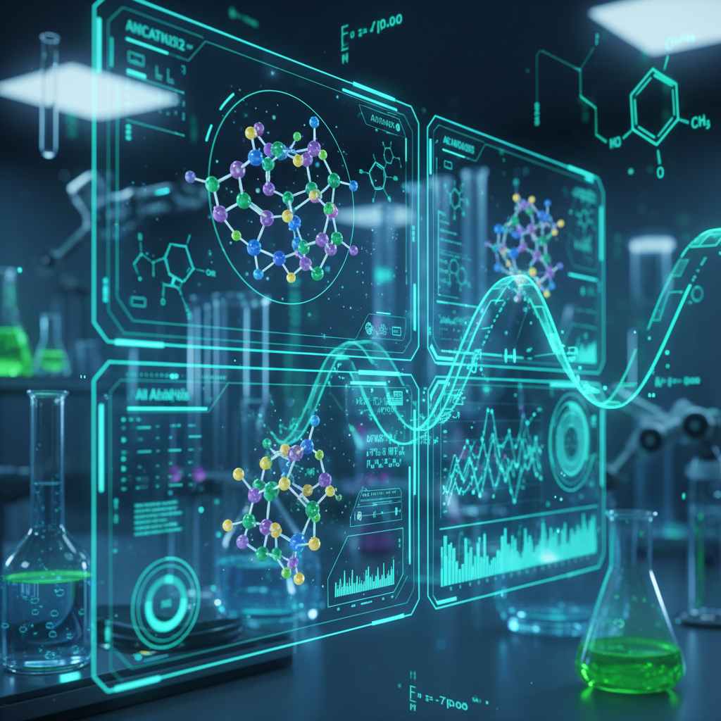 Computer screens displaying molecular structures and AI analysis data, colorful chemical formulas floating in digital space, futuristic interface design, blue and green color scheme, high-tech laboratory setting, no text