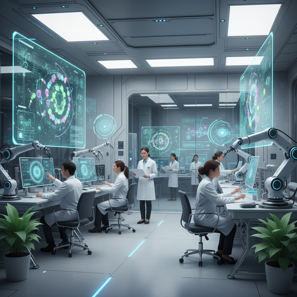 Futuristic scientific laboratory with AI systems, holographic displays showing molecular models, researchers working alongside robotic equipment, bright clean environment with advanced technology, inspiring atmosphere, no text