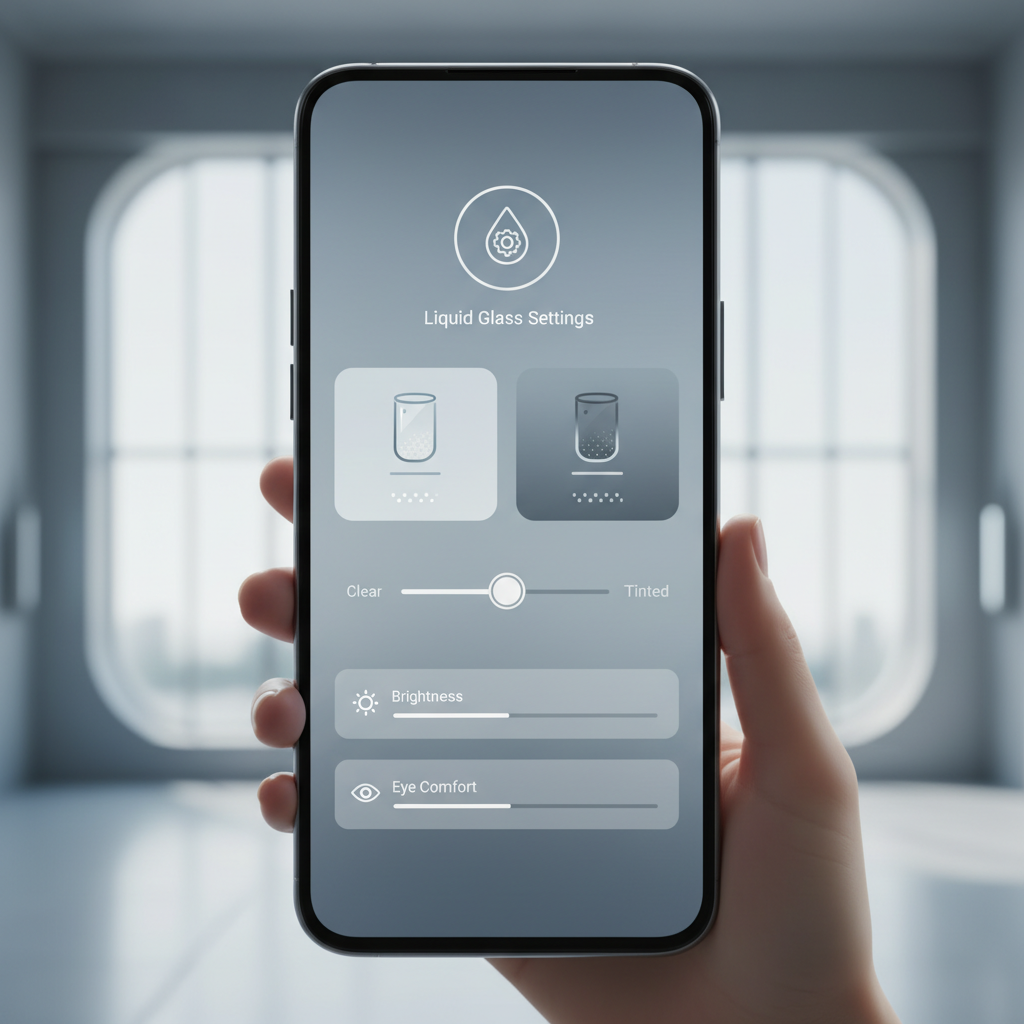 A sleek, modern smartphone displaying a user interface with two distinct options: 'Clear' and 'Tinted' for Liquid Glass. The screen shows settings menu with a focus on display customization. Clean infographic style, no text.