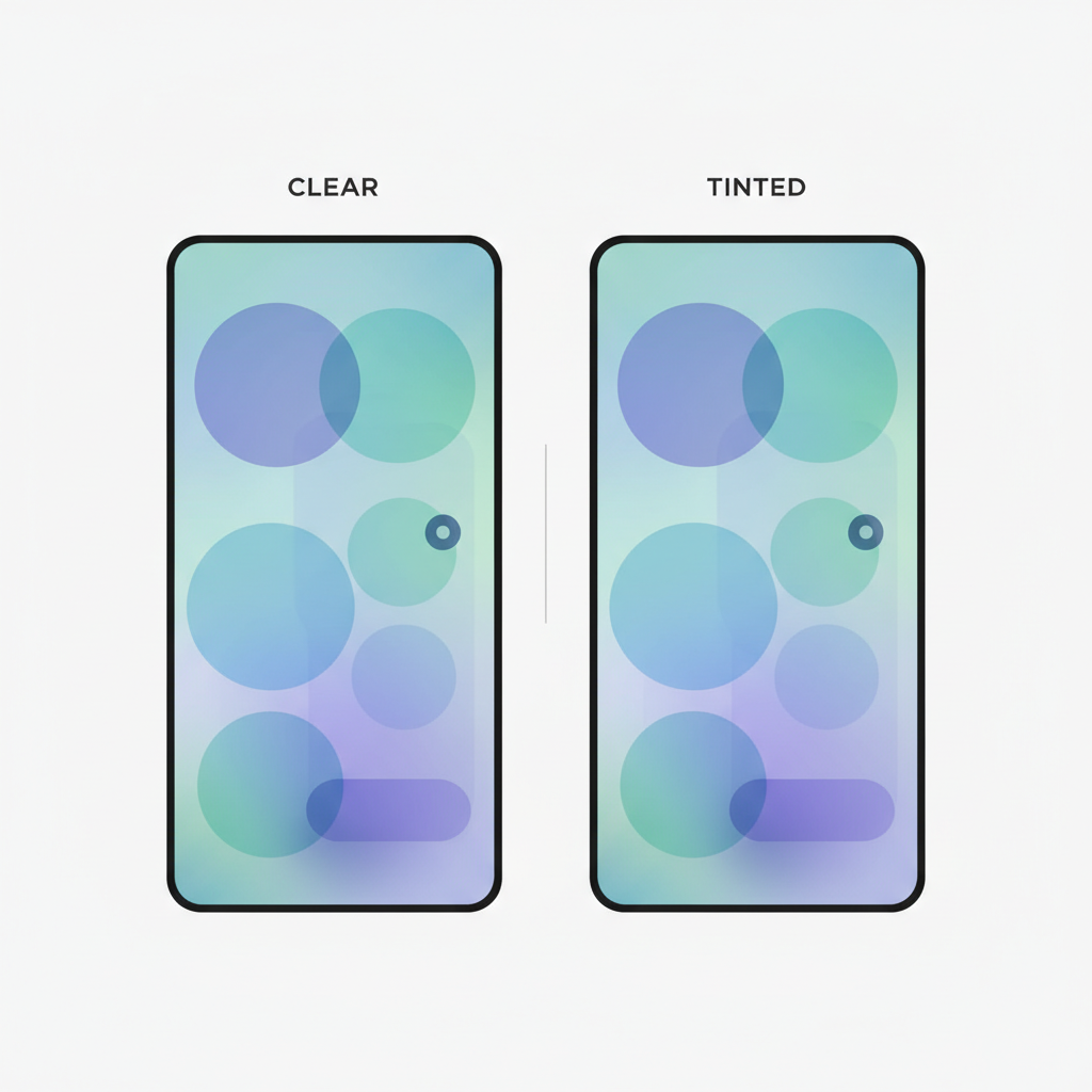 Two side-by-side smartphone screens showing a comparison of Apple's Liquid Glass UI. One screen shows the original 'Clear' look with transparency, and the other shows the new 'Tinted' option with increased opacity, making elements clearer. Clean infographic style, no text.