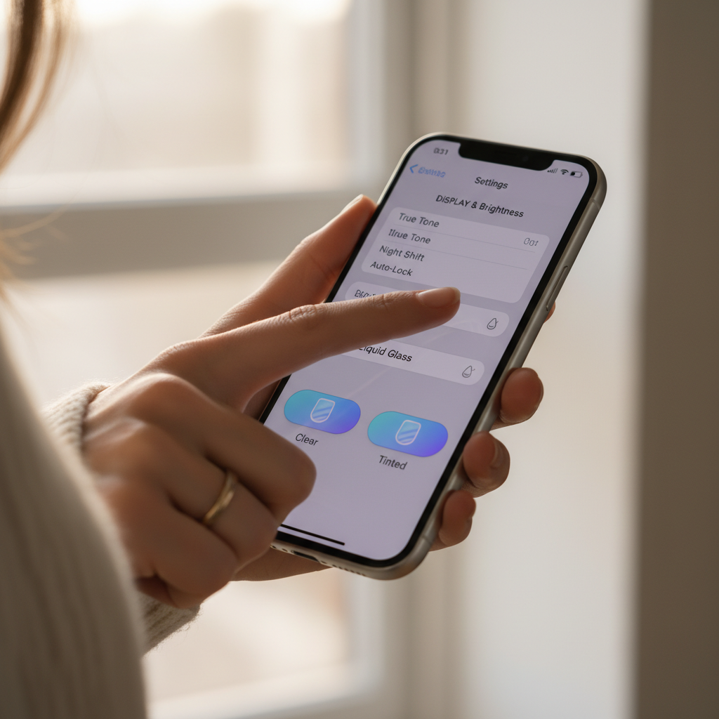 A close-up shot of a person's hand interacting with an iPhone screen, navigating through the 'Settings' app to 'Display & Brightness' and then selecting the 'Liquid Glass' option, with a clear choice between 'Clear' and 'Tinted'. Lifestyle photography, natural lighting, no text.
