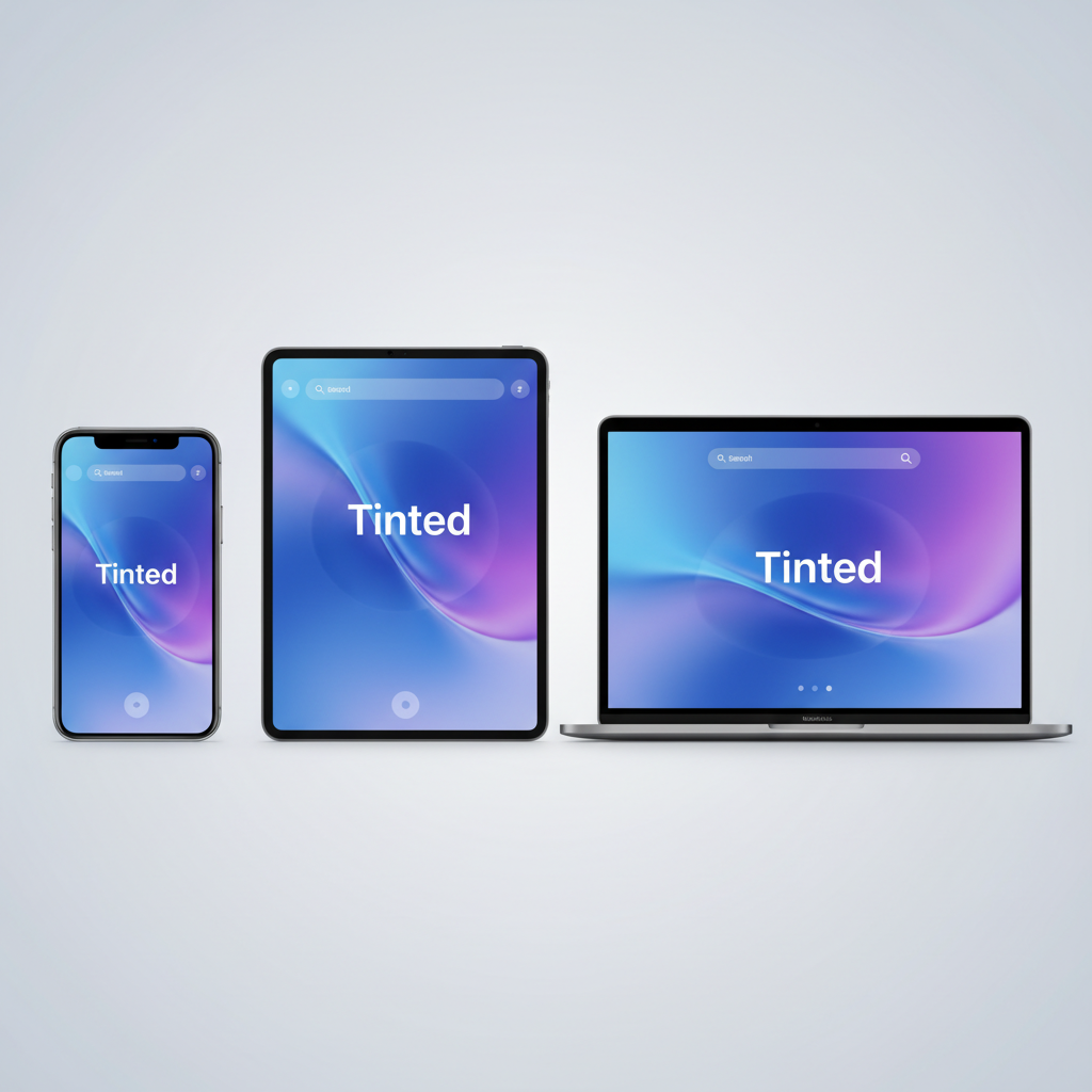 A clean infographic showing three screens: an iPhone, an iPad, and a MacBook, all displaying the same application interface with the 'Tinted' Liquid Glass option applied. The UI elements appear crisp and clear, illustrating consistent user experience across devices. No text.