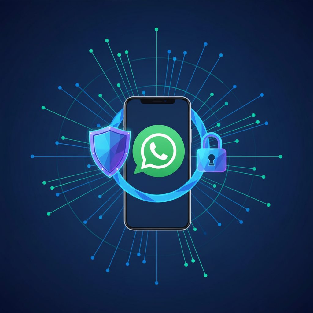 A stylized illustration of a smartphone displaying the WhatsApp logo, surrounded by a strong digital shield or lock icon, indicating enhanced privacy and security. The background features abstract network lines, suggesting global communication. Clean infographic style, no text in image, focus on security and privacy.