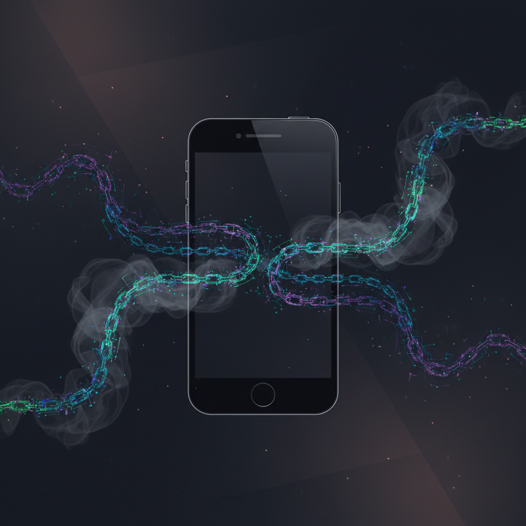 An abstract, clean infographic showing a smartphone with digital chains or data streams flowing out of it, symbolizing unauthorized data extraction and surveillance by a sophisticated spyware like Pegasus. Emphasize the hidden nature of the threat. Dark, sophisticated color palette. No text in image.