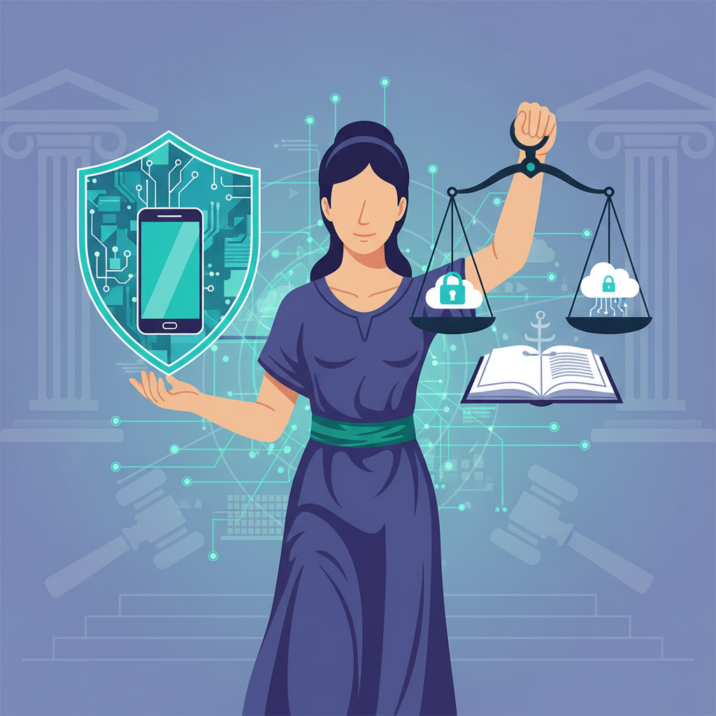 An illustrative depiction of Lady Justice holding a digital shield or scale, with a smartphone protected under the shield. The background features subtle court symbols like gavels or columns, blended with network lines, emphasizing a legal victory for digital privacy. Clean, symbolic illustration style. No text in image.