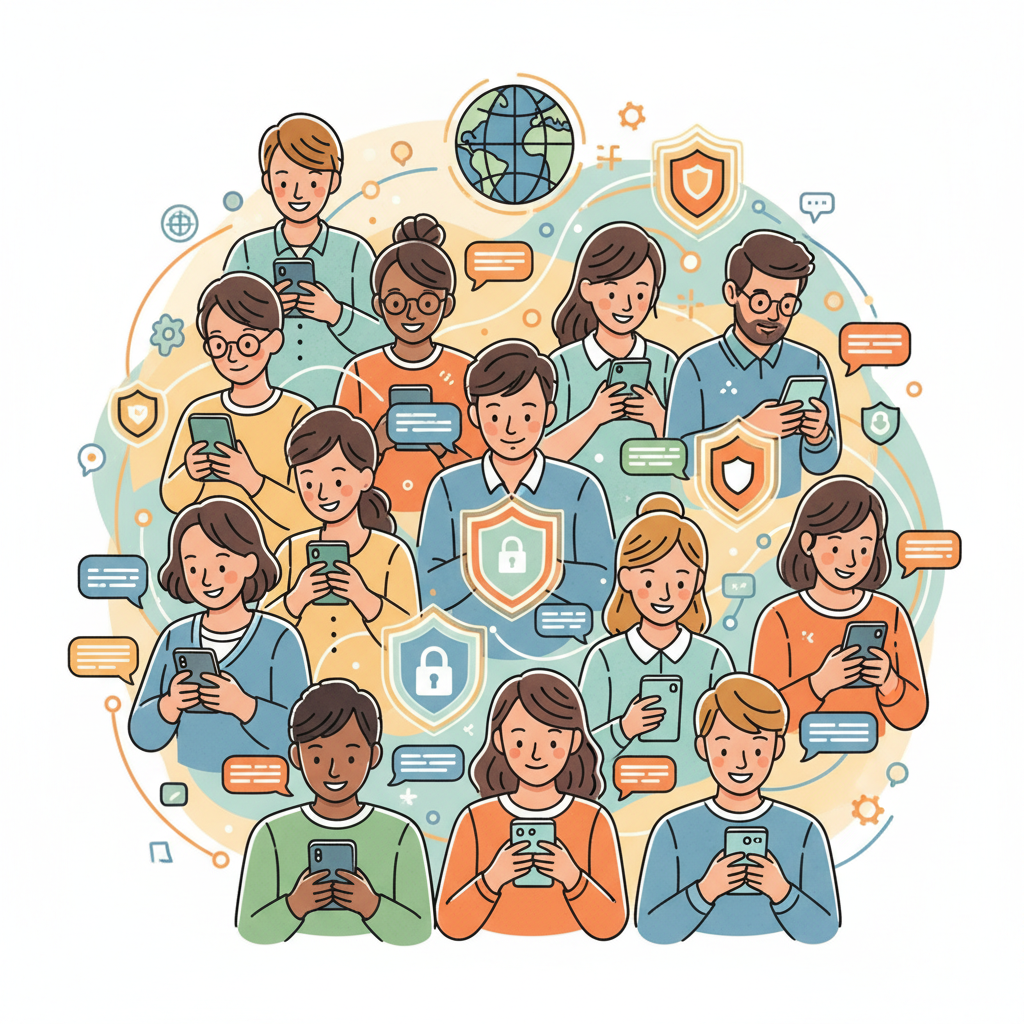 A vibrant illustration showing diverse people communicating securely through encrypted messaging apps on their smartphones, with digital locks and protective layers surrounding their messages. The scene is bright and optimistic, representing trust and privacy in digital interactions. Warm, inviting illustration style. No text in image.