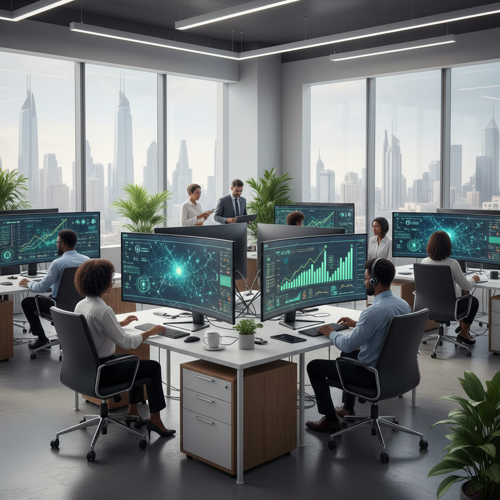 Modern Dubai office environment with diverse professionals working on computers, AI interface displays on screens, investment charts and growth metrics visible, clean corporate atmosphere with natural lighting, no text