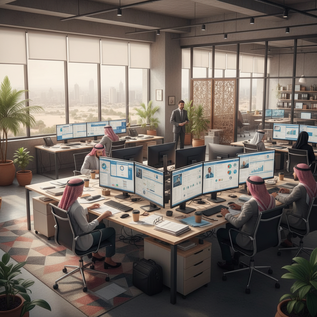 Middle Eastern business office with multiple computer screens showing different HR systems, professionals looking frustrated with scattered paperwork, modern office setting with regional cultural elements, natural office lighting, no text