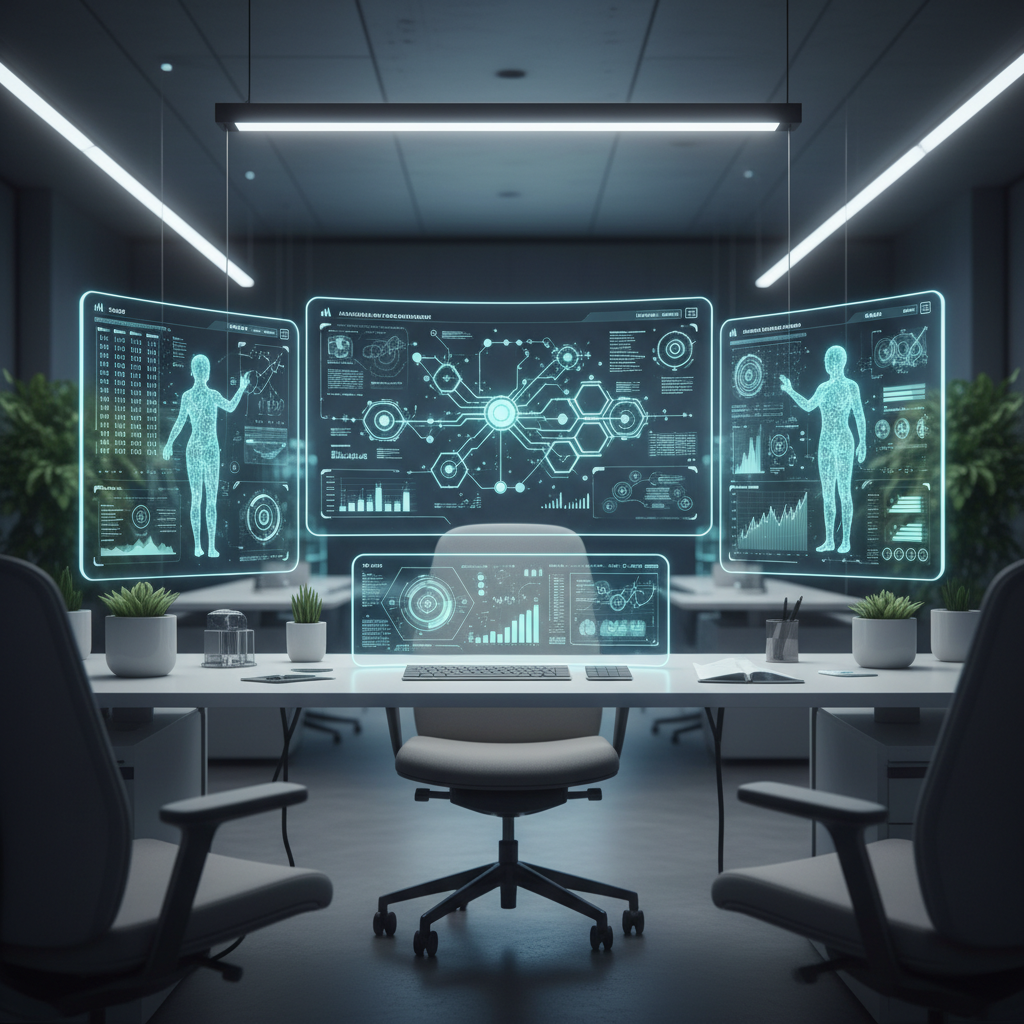 Futuristic office dashboard showing automated financial systems, AI agents processing data, clean interface designs, modern workspace with multiple monitors displaying analytics, professional lighting, no text