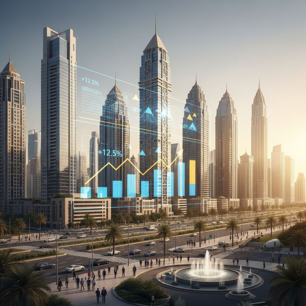 Middle Eastern business district skyline with modern skyscrapers, digital overlay showing market growth statistics, professional business environment with regional architectural elements, golden hour lighting, no text