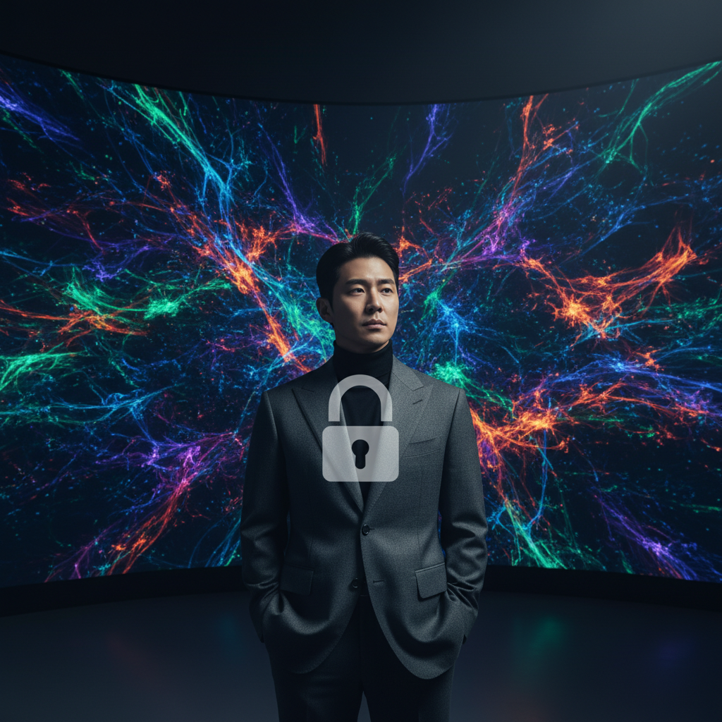 A Korean male actor, serious expression, standing in front of a giant digital screen displaying abstract AI-generated images, with a faint padlock icon overlaying his silhouette, representing digital rights protection. Realistic, cinematic lighting, no text.