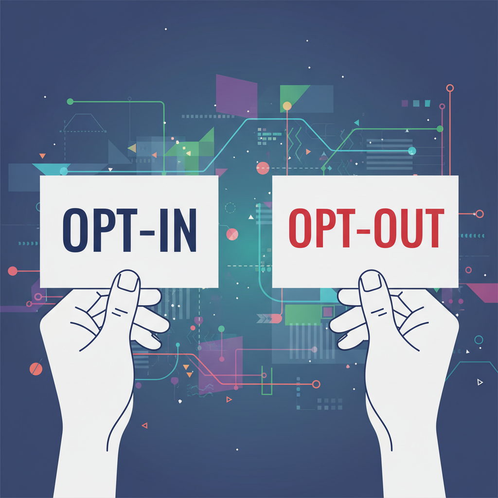 Two hands, one holding a paper with "OPT-IN" and the other holding a paper with "OPT-OUT," with a digital abstract background suggesting AI technology. Clear, clean infographic style, no text.