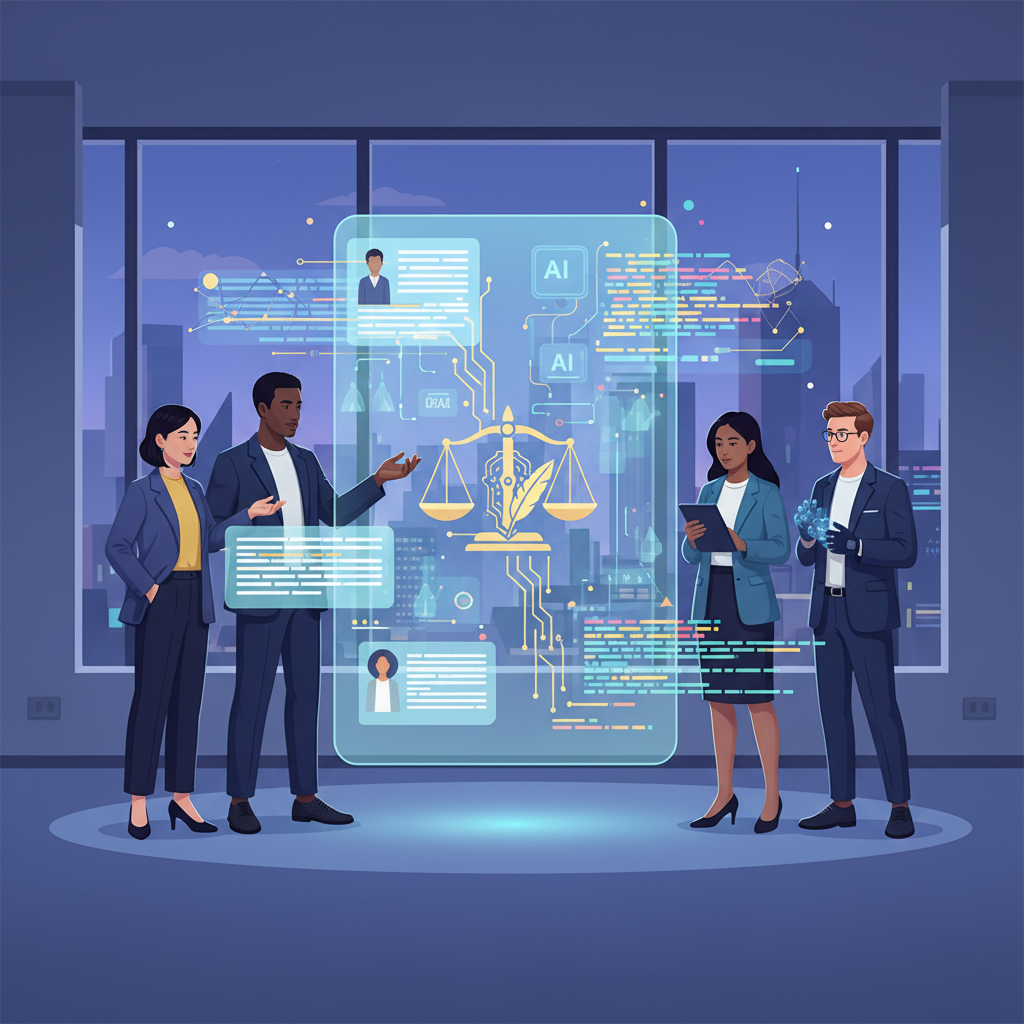 A diverse group of people (actors, tech experts) collaborating around a holographic interface displaying legal documents and AI code, symbolizing the balance between AI innovation and artist rights protection. Modern, professional illustration, no text.
