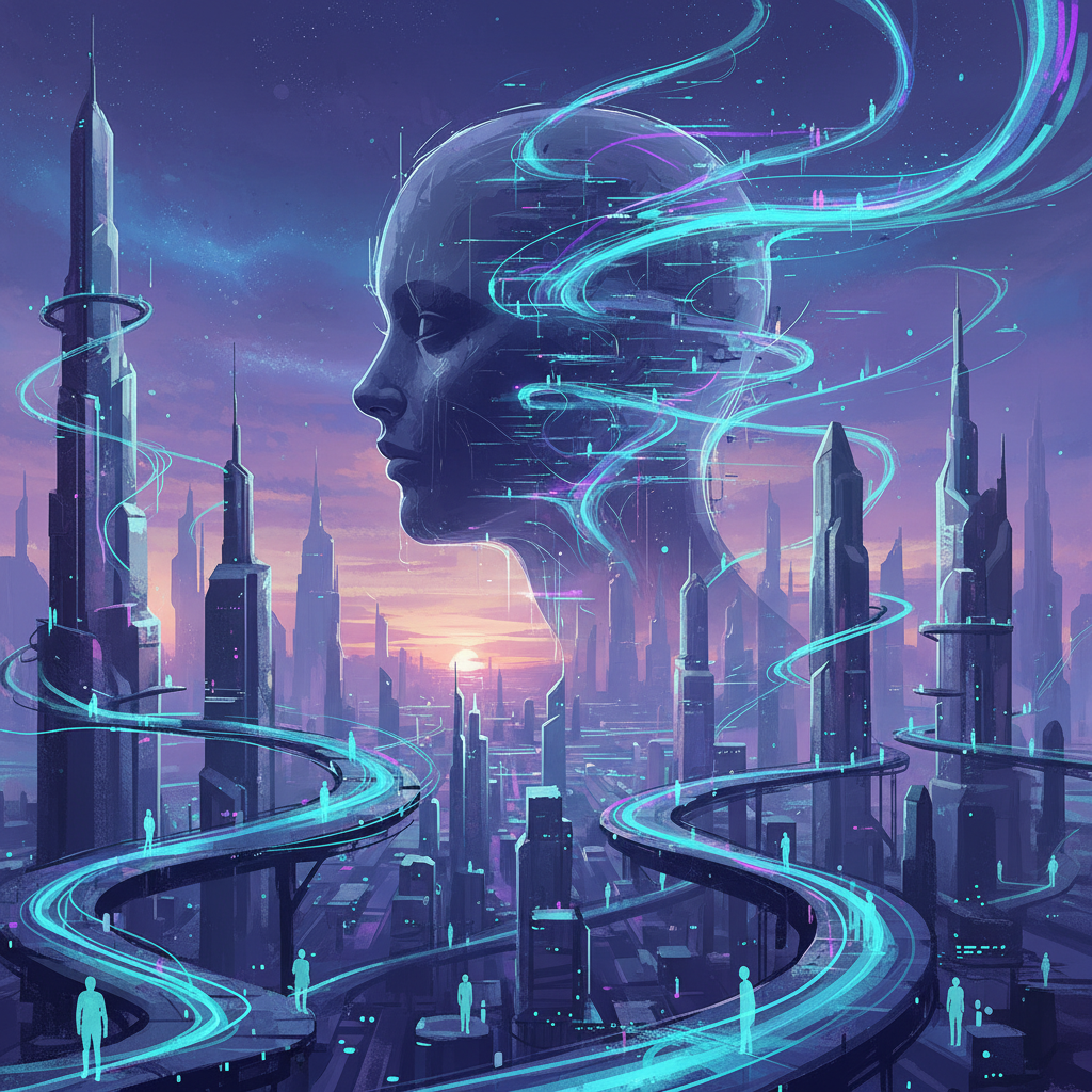 A futuristic cityscape with digital glowing lines, representing data and AI, surrounding a prominent silhouette of a human face, emphasizing the challenge of protecting identity in a digital age. Atmospheric, slightly artistic illustration, no text.