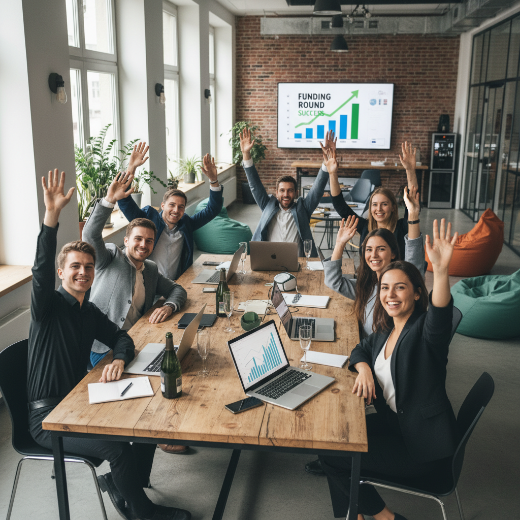 Modern tech startup office environment with entrepreneurs celebrating funding success, professional atmosphere with laptops, charts showing growth, European business setting, natural lighting, lifestyle photography style, no text