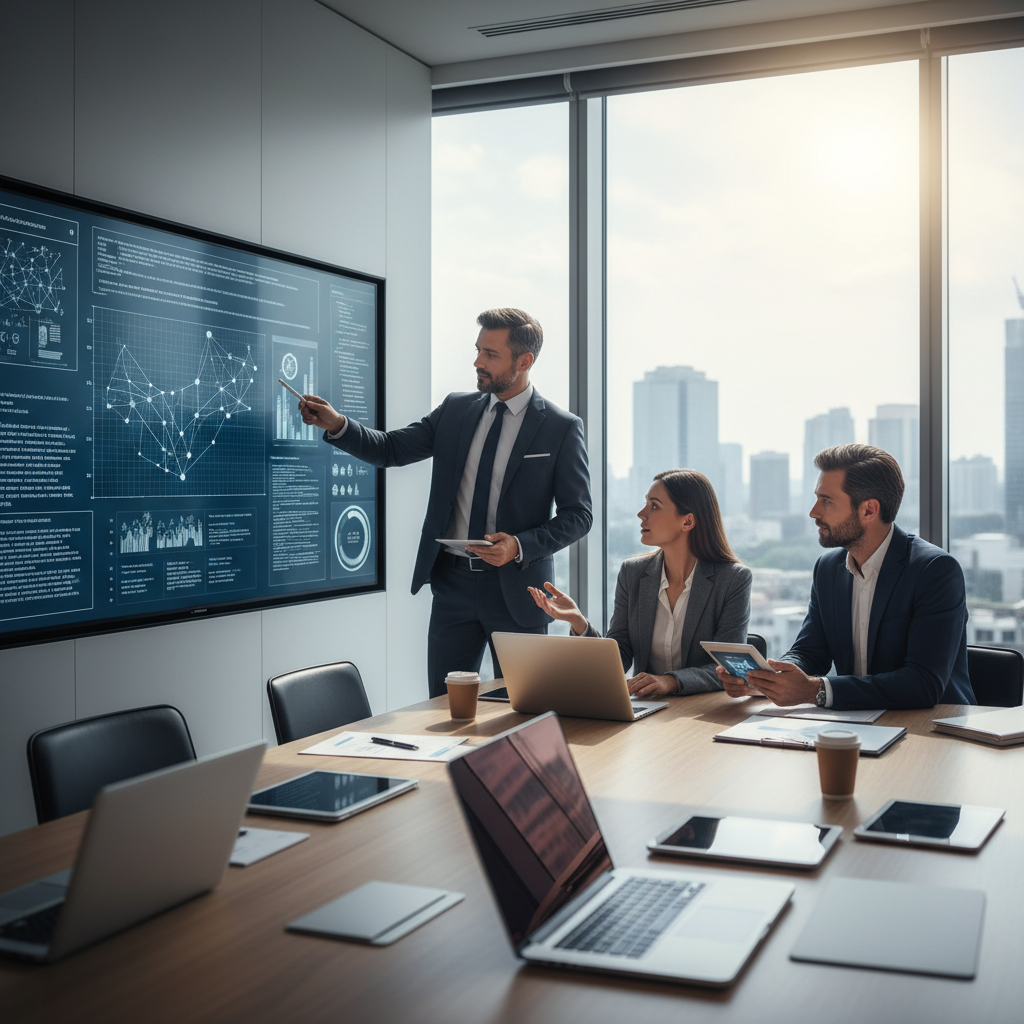 Professional business leaders in modern office discussing AI technology, European entrepreneurs with laptops and digital screens, confident atmosphere, natural lighting, corporate photography style, no text