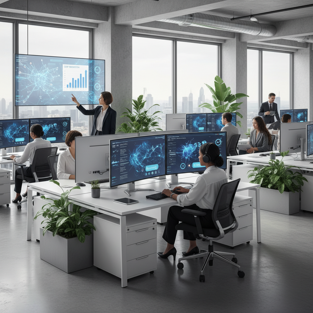 Modern office environment showing AI technology implementation, computer screens with AI interfaces, cost-saving charts and graphs, professional business setting, clean and efficient atmosphere, no text