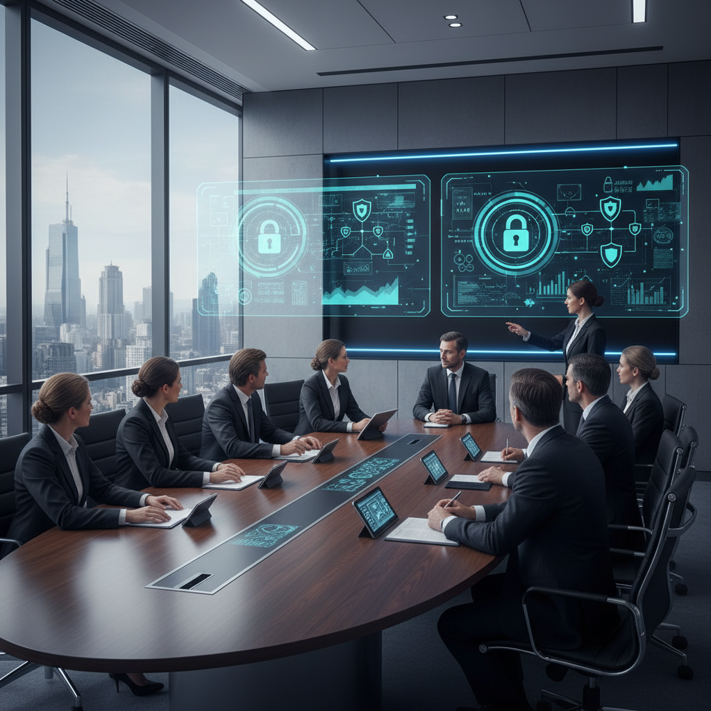 Business meeting room with executives discussing AI adoption strategy, presentation screens showing security and compliance features, professional corporate environment, modern technology integration, no text