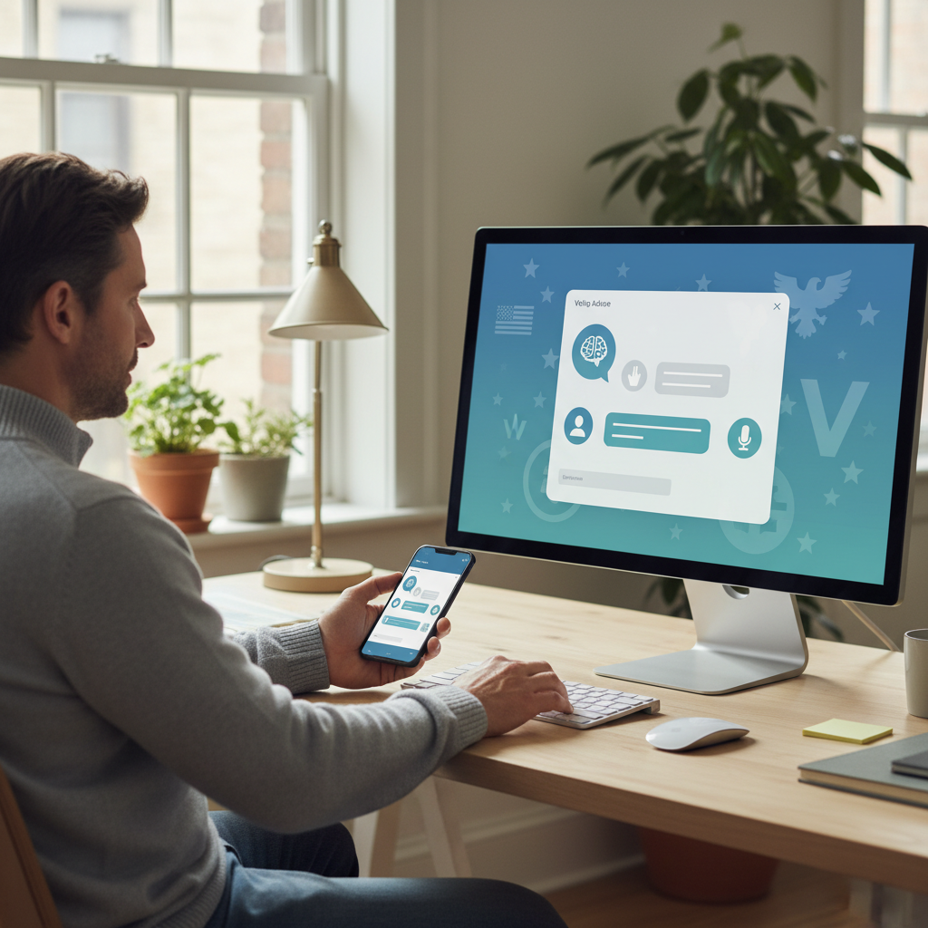 A realistic scene showing someone using a smartphone or computer to interact with an AI chatbot interface for voting advice. Modern clean interface design with voting-related icons and political symbols subtly in background. Natural lighting, lifestyle photography style. No text.