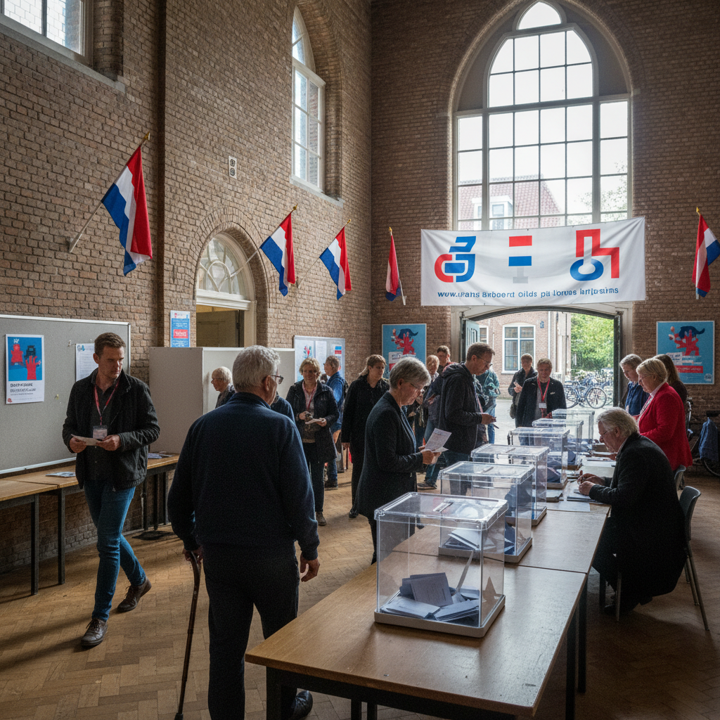 Realistic scene of a Dutch polling station during election day. People of various ages walking to vote, ballot boxes visible, Dutch flags and election signage. Natural daylight, documentary photography style. No text.