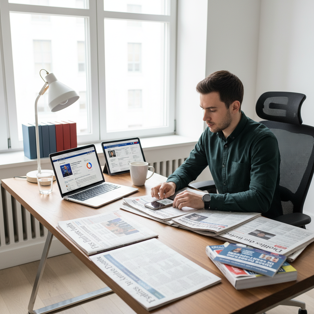 Person researching political information using multiple sources - newspapers, official websites, and traditional media on laptop and mobile devices. Clean modern workspace with voting guides and political materials. Natural lighting, lifestyle photography. No text.