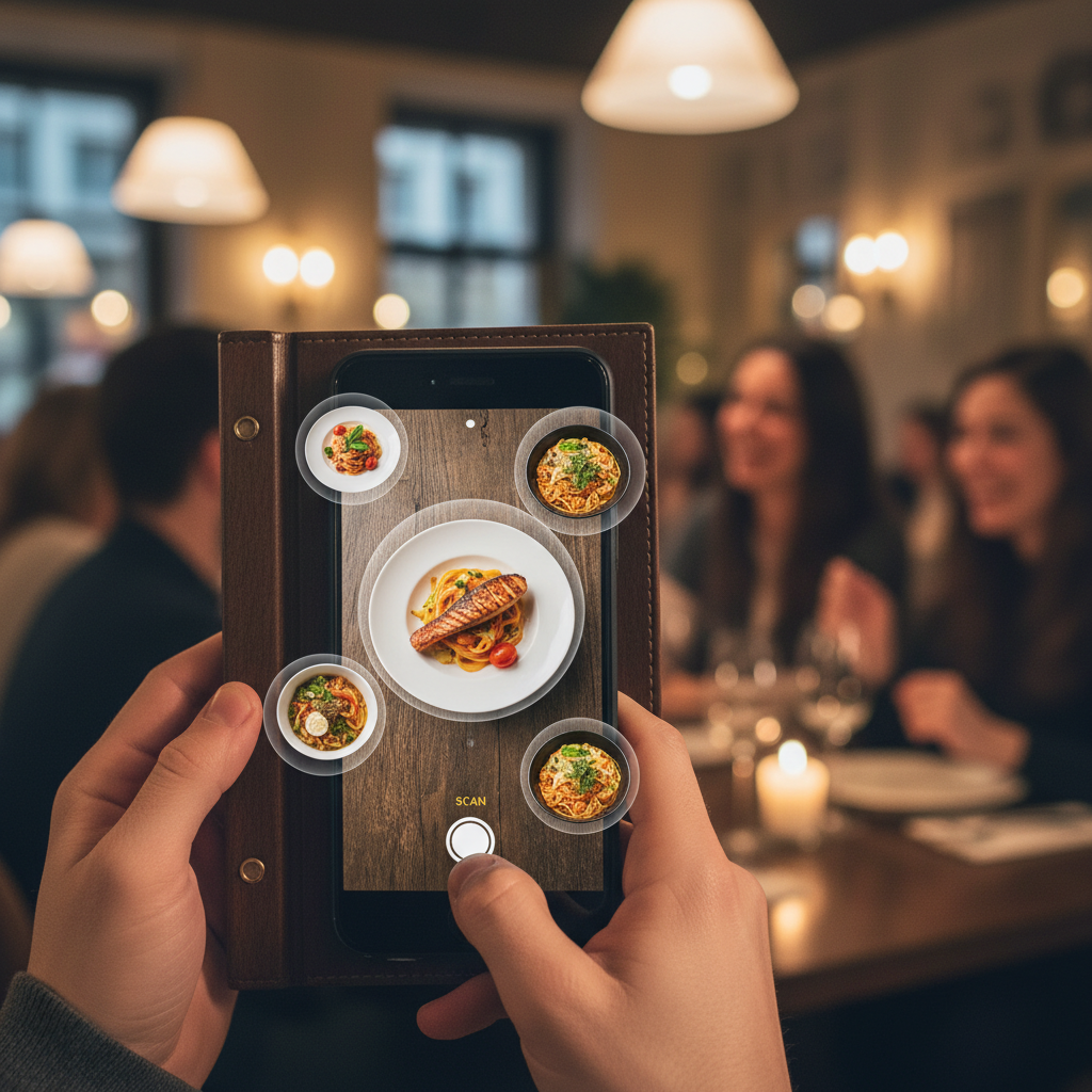A person using a smartphone camera to scan a physical restaurant menu. Overlay bubbles on the screen show small preview images of dishes. The scene is a modern, bustling restaurant with soft lighting. Lifestyle photography, no text.