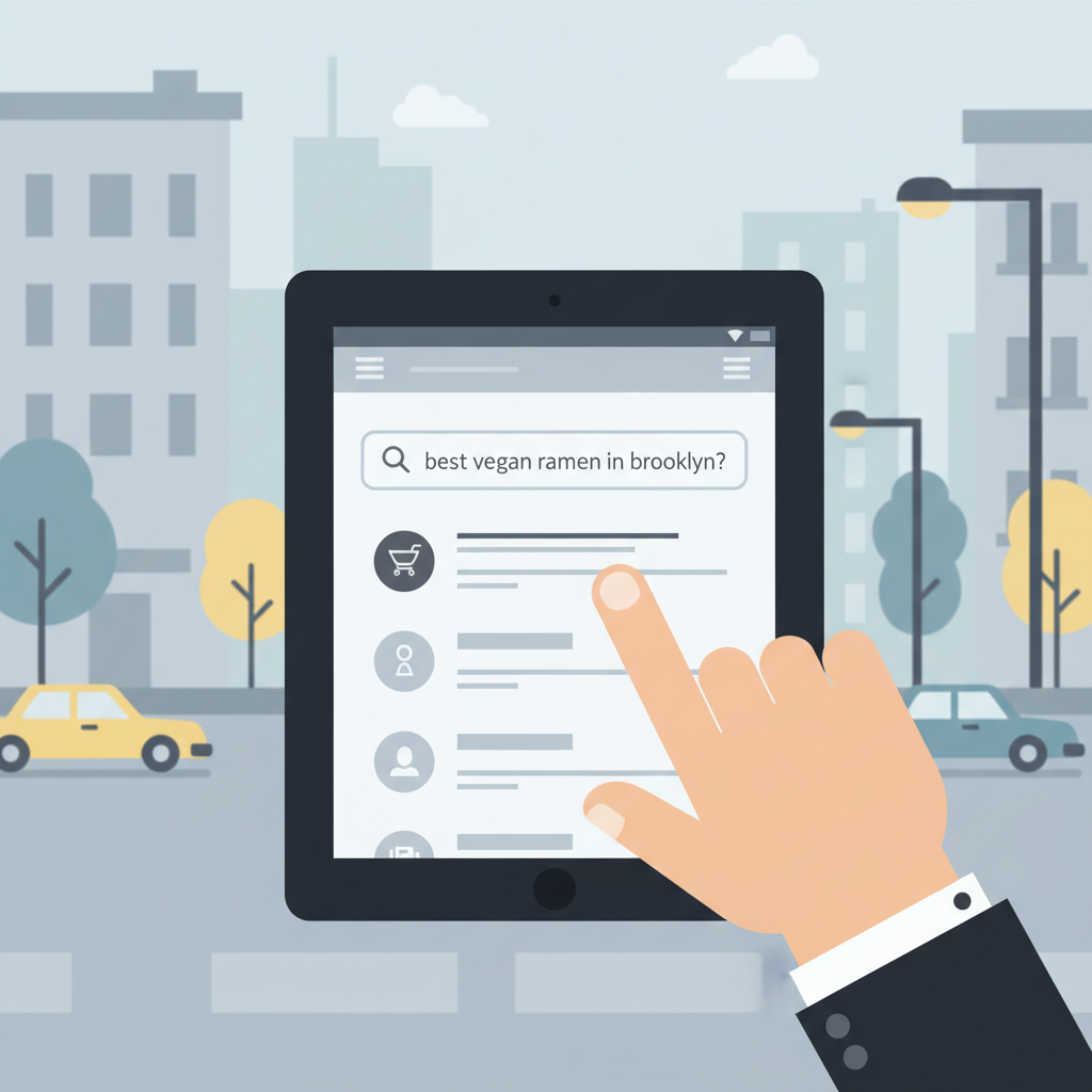 A hand typing a natural language question into a search bar on a Yelp-like application interface. The background shows a blurry image of a city street with various businesses. Clean infographic style, no text.
